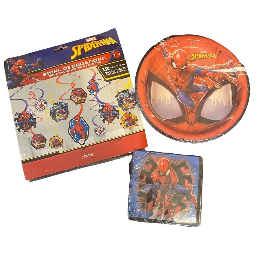 Marvel Spider-Man Spider Man Birthday Party Swirl Decoration Plates Napkins‎ Lot